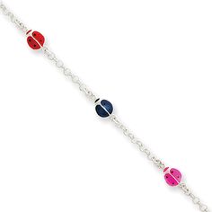 .925 Sterling Silver Childrens Enameled Ladybug Bracelet 6.00 inches