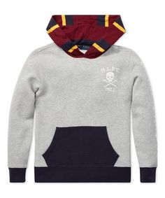 Polo Ralph Lauren Boys Grey Heather Colorblock Graphic Fleece Pullover Hoodie