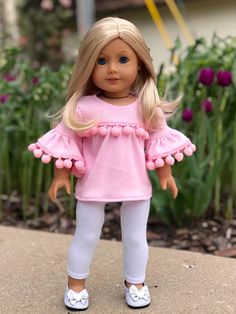 Lavender Floral Top,Purse /& White Leggings fits 18/" American Girl Doll Clothes