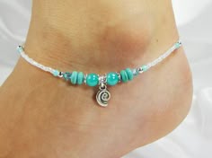 One piece bracelet anklet with a beads charm and small green rhinestones