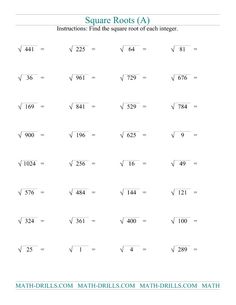 square root worksheets find the square root of whole chart of perfect squares 1 100
