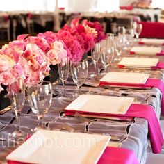 107 Best Pink Wedding Ideas Images On Pinterest Weddings Pink And White Place Settings Mirrored Chargers Beneath Square Plates Offset By A Runner Of Blooms Gave This Dining Table Fresh Clean Look