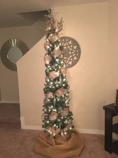 Pencil Christmas Tree With Shades Of Blue Ornaments Burlap Gold And Silver Ribbons Pencil Christmas Tree With Shades Of Blue Ornaments Burlap Gold And Silver Ribbons