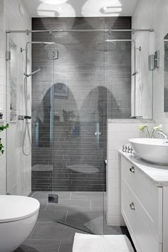 Double shower heads, grey tile, white everything else. Love this. Gray And White Bathroom, Small Master Bathroom, Grey Bathrooms, Bath Remodel