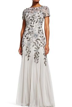 Adrianna Papell Charcoal Gray Jeweled Ornate Neck Embellished Draped Gown NWT