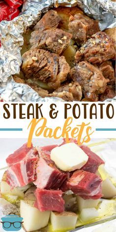 Grilled Steak and Potato Packets (also called Hobo Packets) are stuffed full of meat and potatoes with tons of flavor and easy cleanup! #camping #grilling #hobopackets Meat Recipes, Pizzas, Grilled Dinner, Steak Dinner, Steak Potatoes, Barbecue