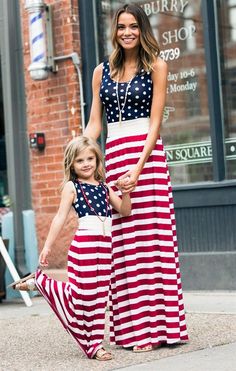 4th of July Mommy and Me American Flag Striped Dot Patchwork Long Maxi Dress Beach Sleeveless Tank Dress