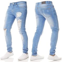 OKilr Pjik Mens Vintage Black Skinny Fit Destroyed Distressed Ripped Washed Denim Jeans