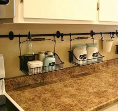 By hanging curtain rods and holders, you're able to eliminate the clutter on your kitchen counter. Easy clean ups!...Levin Furniture Storage Ideas, Home Décor, Home Organisation, Diy Home Décor, Organisation, Home Organization, Apartment Decor, Space Saving, Home Projects