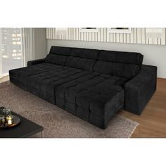 Sofá 3 Lugares Retrátil Kennedy Suede Preto Sala House Sofá 6 Lugares Connect Retrátil E Reclinável Suede Amassado Preto Tti
