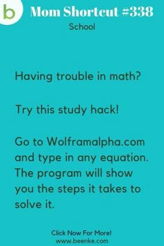 School Hacks #338: A website that can help teach you to solve math equations! Check out our lifehacks for school including study tips and learning resources. CLICK NOW to discover more Mom Hacks. #beenke #MomShortcuts #MomHacks #ParentingHacks #StudyHacks #SchoolHacks School Life Hacks, College Life Hacks, School Study Tips, School Help, School Work, School Tips, Middle School, Highschool Hacks, Help Teaching