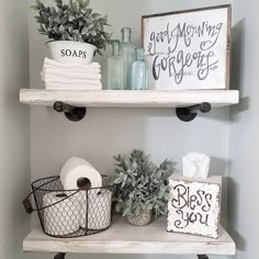 Happy Saturday friends! I haven't shared these easy DIY bathroom shelves in a while. I used plumbing pipes and 2x10 boards. Perfect really for any farmhouse space (If interested in DIY details...I shared some on my stories earlier today!) Have a great evening everyone!💙 . Tap for sources!😘 . . . . . . . . . . . #simplelivingsaturday #blissfullyhome #mysaturdayvignette #simplywhitesaturday #thepolishedfarmhouse #iloveoldstuffsaturday #styledsaturdaysigns #modernfarmhouse #sweetsaturdaysimpl... Decor Room, Diy Home Decor, Home Design, Interior Design, Master Bathroom, Colorful Bathroom