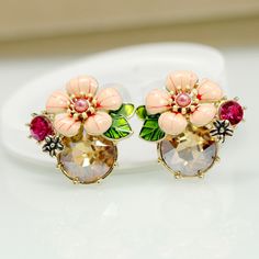 Boucles d/'Oreilles Clips Fleur Rose Feuille Vert Rouge Soirée Mariage Cadeau