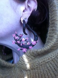 Pair Sawo Wood Cherry Blossom Rose Flower Floral Ear Hanging Hooks Gauges Plugs