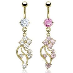 Sold Individually 14G Vine 316L Surgical Steel with Leaves and Large Gem Navel Ring