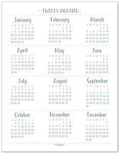 2018 printable year calendar