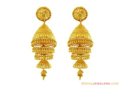 22k Gold Jhumkas Earrings With Filigree Work Designed 22k Gold Jhumkas Layered Jhumka Earrings 22kt Fancy