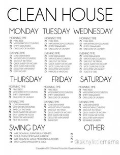 Clean house schedule--Reminds me of Flylady routines. Home Organisation, Declutter, Clean House, House Cleaning Checklist, Home Organization