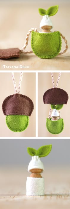 Waldorf / Steiner baby doll necklace of an acorn sprouting a seed. Felt, cotton yarn, wood. Amigurumi Patterns, Wool Felt, Felted Wool Crafts, Felt Toys, Felt Diy