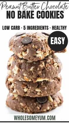 Easy Low Carb Peanut Butter Chocolate No Bake Cookies Recipe - These low carb peanut butter chocolate no bake cookies are easy to make with just 5 ingredients and taste amazing. The best no bake cookies I've ever tried! #wholesomeyum #lowcarb #cookies #easy #nobake