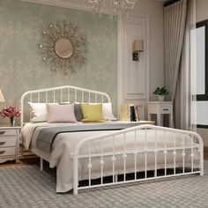 Queen Size Metal Bed Frame Mattress Foundation Vintage Headboard Footboard White