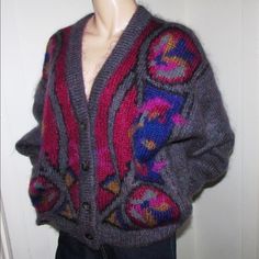 Vintage cardigan 80s S 36 Signe Incognito Cardigan Pattern Bordeaux Mohair Mix