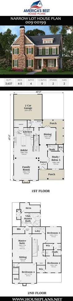 Crafted with excellent Craftsman details, Plan 009-00199 delivers a 2-story Narrow Lot home design with 3,637 sq. ft., 4-5 bedrooms, 4 bathrooms, a kitchen island, an open floor plan, a second-story master and laundry, and a 2 car garage. #craftsmanhome #narrowlothouse #architecture #houseplans #housedesign #homedesign #homedesigns #architecturalplans #floorplans #abhouseplans #besthouseplans #homesweethome #buildingahome #buildahome #residentialplans #residentialhome Narrow Lot House Plans With Garage, Single Level House Plans, Metal Building House Plans, House Plans Open Floor, Porch House Plans, Basement House Plans, 4 Bedroom House Plans, Lake House Plans, Bungalow House Plans