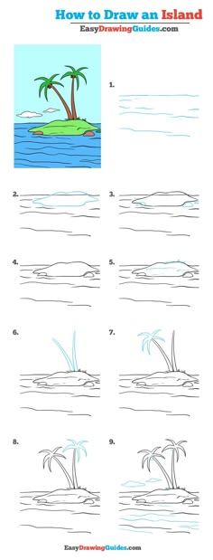 Learn How to Draw Island: Easy Step-by-Step Drawing Tutorial for Kids and Beginners. #Island #drawingtutorial #easydrawing See the full tutorial at https://easydrawingguides.com/how-to-draw-an-island-really-easy-drawing-tutorial/. Art Lessons, Drawing Tutorials For Beginners