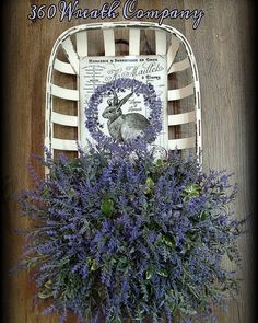 Whitewashed Tobacco Basket with Lavender Wreath Lavender Wreath Tobacco Basket with Wreath