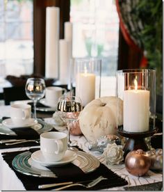 64 Best Thanksgiving Table Decor Images Fall Crafts Decorating This Contemporary Thanksgiving Table Setting Via Hgtv Showcases A White Pumpkin Chunky Pillar Candles And