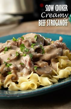 Slow Cooker Creamy Beef Stroganoff Recipe - Beef bottom round steak slow cooks to tenderness in a creamy mushroom sauce that the whole family will love!