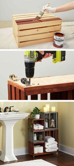 Turn ordinary wooden crates into cool bathroom storage on wheels. Just follow our step-by-step tutorial. Diy Furniture, Bathroom Storage, Home Improvement, Diy Home Décor, Diy Bathroom Storage, Home Diy, Bathroom Storage Shelves, Home Projects