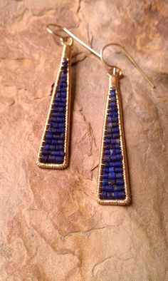 Gold Spiral Earrings with Cobalt Blue Glass Teardrop beads Cheeky Danglers Spiral Jewellery Handcrafted Earrings Spiral Hoop Earrings