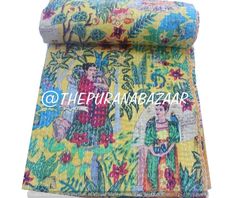 Bohemain Vintage Kantha Quilts Twin Size Indian Floral Print Handmade Cotton Saree Reversible Throw Ethnic Multi Color Traditional 23