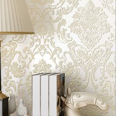 Flor Floral De Lujo Con textura en relieve del papel pintado Brillo Crema de Oro Negro