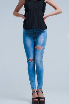 Womens Holes Fringed Washed Comfort Classic Jeans Pants