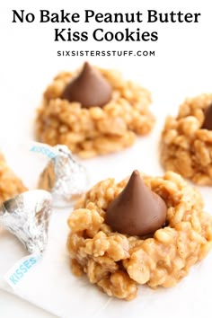 You'll love our No Bake Peanut Butter Kiss Cookies. The delicious combo of peanut butter and chocolate in an easy no bake cookie! Biscuits, Peanut Butter Kiss Cookies, No Bake Treats, Peanut Butter Kiss, Easy No Bake Cookies, Yummy Food