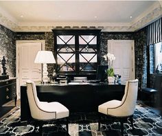 89 Best Office E Design Inspiration Images Home Ideas About Home Contemporary Traditional Work E A Pair Of Upholstered Chairs Beside Black Desk In An Office Filled With Patterns