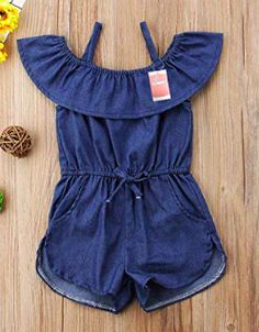 Toddler Little Girl Demin Off Shoulder Ruffle Pocket Romper Jumpsuit Clothes Set