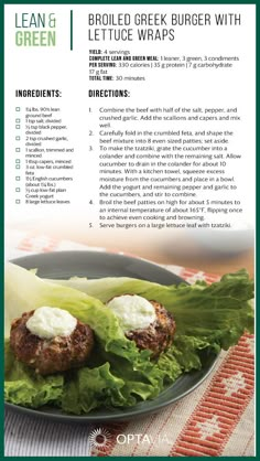 Greek Burgers with Lettuce Wraps Lettuce Wraps, Lean Dinners, Lean And Green Meals, Lean Meals, Healthy Dinner, Greens Recipe, Greek Burger, Feta Cheese