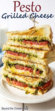 Pesto Grilled Cheese are gourmet grilled cheese sandwiches made with pesto, garden fresh tomatoes and two kinds of cheese! #grilledcheese #pesto