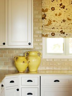 53 Best Backsplash Ideas Yellow Kitchen White Cabinets Images On The Red Yellow And White Fl Print Of This Roman Shade Makes A Vibrant Graphic Statement In Kitchen Pale Backsplash Tile Lemon