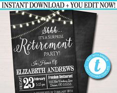 editable surprise retirement invitation chalkboard printable digital teacher nurse invite retirement party string lights