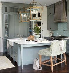 165 Best Gray Off White Kitchen Cabinets Images On Pinterest Love This Green Grey Kitchen Withe Marble Countertop Br Lanterns And Fish Scale Splash
