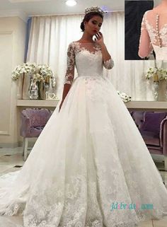 264 Best Ball Gown Wedding Dresses Lace Tulle Taffeta Organza Puffy H0966 Modest Illusion Lace Half Sleeves Princess Wedding Dress