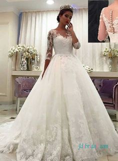 Modest illusion lace half sleeves princess wedding dress Wedding Dress Train, Wedding Dresses 2018