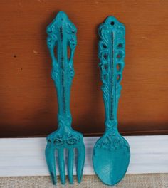 Cast Iron Fork And Spoon Home Decor/Tuscan Red/Kitchen Wall Decor/ Shabby Chic/Cottage Decor