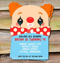digital clown birthday invitation kids birthday invitation clown