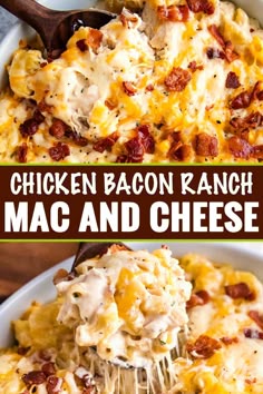 Delicious combo of chicken, bacon, ranch, and a mac and cheese made with three cheeses! Family-friendly, make-ahead friendly, and perfect for a weeknight dinner! #macandcheese #chickenbaconranch #crackchicken #bakedmac #macaroniandcheese #easyrecipe #weeknightdinner #casserole
