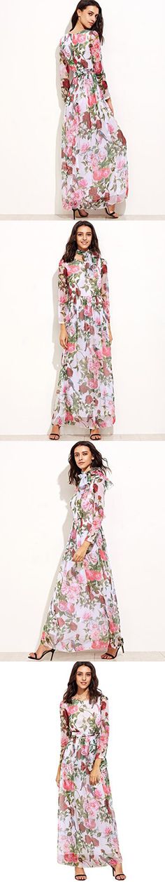 Floerns Womens Long Sleeve Chiffon Rose Print Spring Maxi Dress White L Floerns Womens Long Sleeve Chiffon Rose Print Spring Maxi Dress White L
